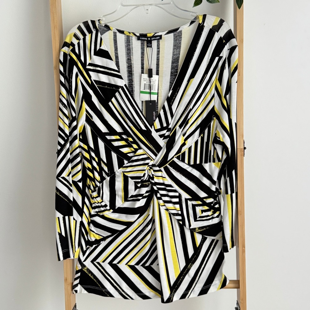 Cable & Gauge Womens Large Geometric Stripe Twist Front V-Neck Top Dandelion NWT